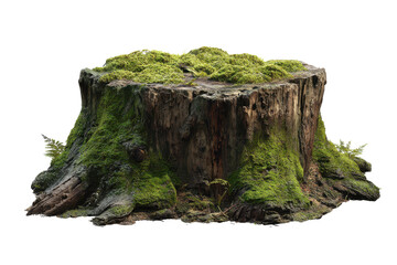 Old moss covered tree stump with ferns on black background green nature, Isolated On Transparent Background, Png Cut Out