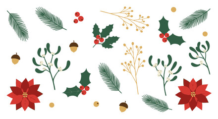 A festive collection of hand-drawn winter botanicals including poinsettia, holly, mistletoe, and pine branches for Christmas design