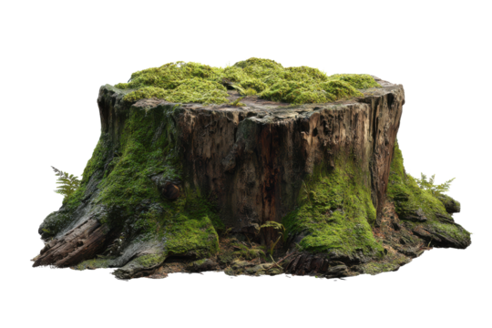 Old moss covered tree stump with ferns on black background green nature, Isolated On Transparent Background, Png Cut Out