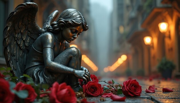 Metallic angel statue sits among red roses in city. Sculpted figure with wings mourns. Artwork evokes grief loss and sorrow. Street lamps light the night.