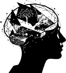 Abstract Mind AI Data Silhouette: Minimal Geometric Brain Profile. Black Vector for Technology, Mental Health, Future, Diversity.