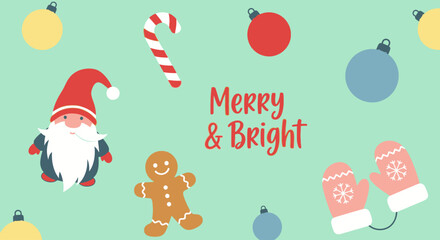 Cheerful winter holiday pattern featuring a cute Nordic gnome, gingerbread cookie, and decorative elements perfect for seasonal greetings