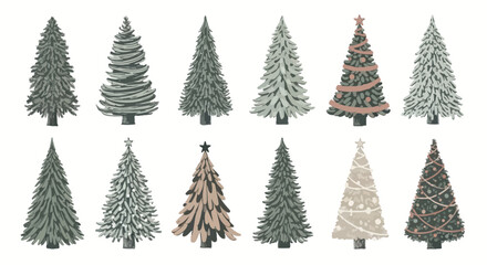 A diverse set of illustrated Christmas trees, showcasing decorated and natural evergreen styles for festive winter holiday designs