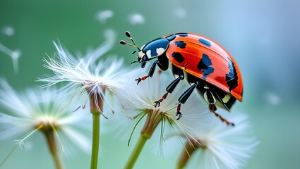 Fototapeta premium Close-Up of Ladybug on Dandelion Seeds | Nature Macro Photography