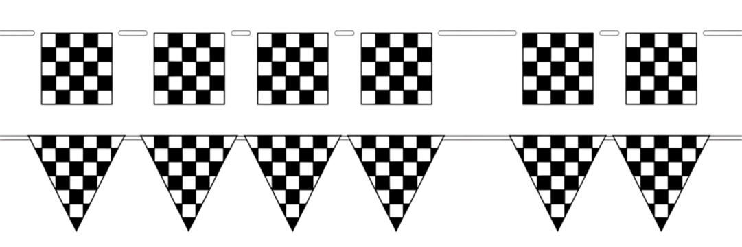 Outline of Checkered Square and Triangular Bunting Flags on Black Background drawing