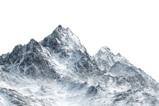 Snow covered mountain peaks against a black background with detailed texture winter, Isolated On Transparent Background, Png Cut Out