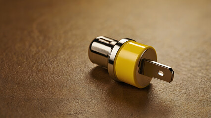 Detailed macro photograph of a single yellow audio connector, a spade lug to phono plug adapter for high-fidelity sound systems on a brown background