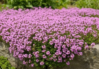 Obraz premium Carpet of creeping thyme in full bloom cascading over a garden wall