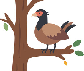 Adorable vector bird illustration with dark plumage and red eye perching on a brown tree branch with green and yellow leaves