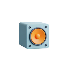 Small light blue 3d cube speaker with bright orange cone isolated on transparent background