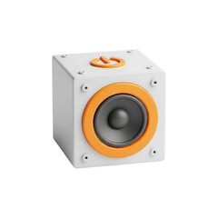 Compact white 3d cube speaker with orange accent isolated on transparent background