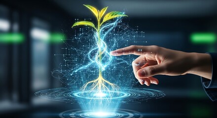 Digital sustainability concept: hand touching circuit board growth hologram on tablet screen.