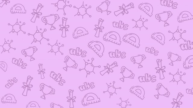 Education doodle themed design featuring molecules, abc, trophies, diplomas, protractors on a pink backdrop. Suitable for educational presentations, websites, and marketing materials