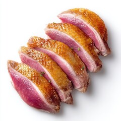 Several individual slices of cooked duck breast with golden crispy skin and a pink interior Neatly arranged on a white