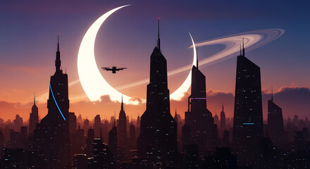 Retro Futurism City Skyline Silhouette: 80s Cyberpunk Vector Art with Drone and Sci-Fi Moon. Black and White Architecture.