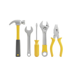 Collection of common 3d hand tools including a hammer wrenches screwdriver and pliers isolated on transparent background