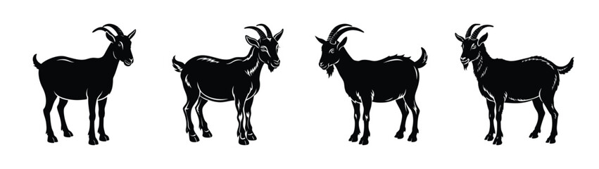 Fototapeta premium Goat silhouette vector illustration set of four goats standing isolated on white background image