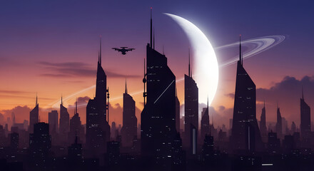Retro Futurism City Skyline Silhouette: 80s Cyberpunk Vector Art with Drone and Sci-Fi Moon. Black and White Architecture.