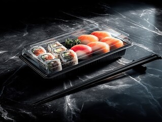 Fresh sushi salmon nigiri and maki rolls in a transparent plastic takeout container Black chopsticks on dark marble