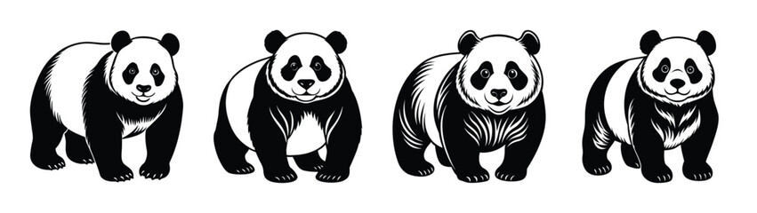 Fototapeta premium Four panda bears illustration vector art black and white panda bear graphic design image drawing
