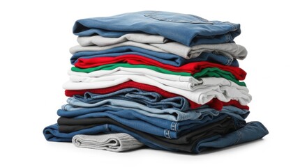 Neatly stacked vibrant apparel featuring jeans shirts and sweater creating a dynamic composition