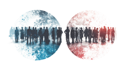 This is an artistic image or illustration depicting two distinct groups of people facing each other on white background 