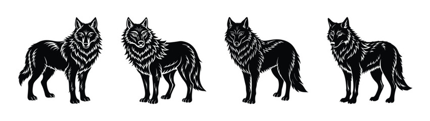 Obraz premium Four black wolf illustration vector art, wild animal drawing, silhouette design, wildlife pack art
