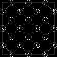 Seamless pattern on a black background with yin yang icons. Line design for posters, social media, and banner templates.