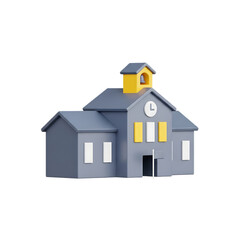 Small gray 3d school building with yellow accents isolated on transparent background