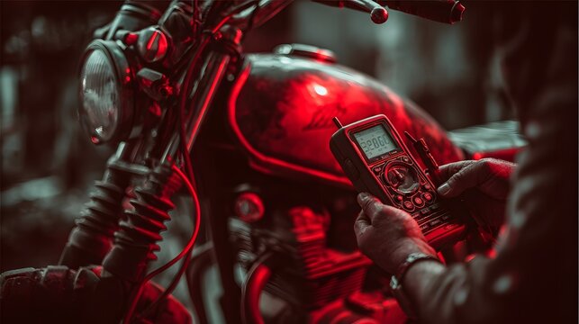 Mechanic diagnoses electrical system performance using a handheld digital measuring instrument near a classic cycle
