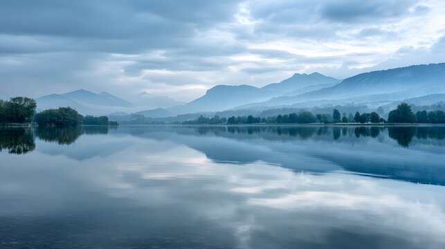 Serene mountain range reflects across a still body of water under a cloudy sky