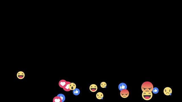 Floating social media emojis on black background. seamless loop 4K animation like, heart, thumbs up, smileys