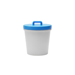 White 3d plastic container with blue lid and handle isolated on transparent background