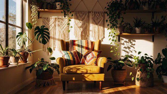 Cozy Indoor Oasis: Yellow Armchair Surrounded by Lush Green Plants and Macrame Decor
