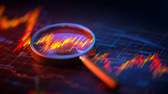 Magnifying glass scrutinizing fluctuating financial data on a digital display