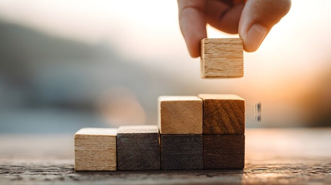 Human hand placing final wooden cube to complete ascending structure