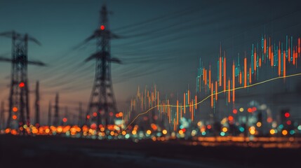 Electricity transmission infrastructure is overlaid with a rising financial data chart at dusk
