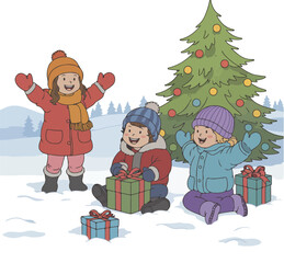 Three happy children opening Christmas presents outdoors in a snowy winter landscape with a decorated vector Christmas tree