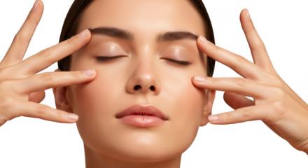 Young woman with hands on temples in relaxation pose for meditation or stress relief isolated on transparent background