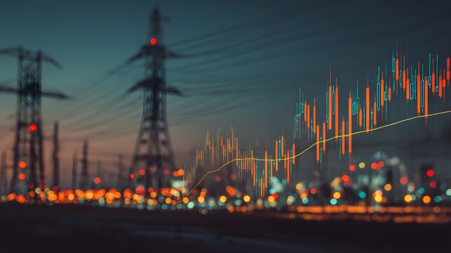 Electricity transmission infrastructure is overlaid with a rising financial data chart at dusk - Powered by Adobe