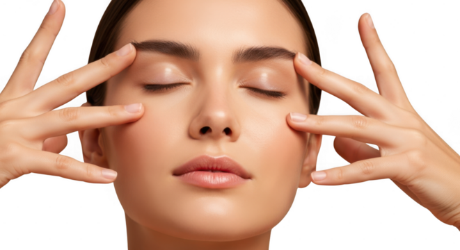 Young woman with hands on temples in relaxation pose for meditation or stress relief isolated on transparent background