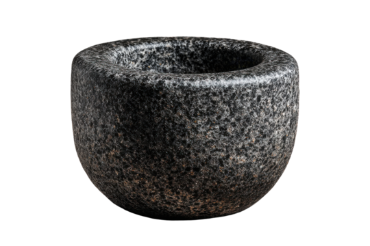 Dark speckled stone mortar with rounded edges on black background granite, Isolated On Transparent Background, Png Cut Out