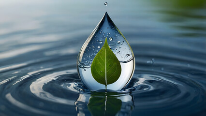 Close-up of a perfect water drop holding a single green leaf reflection, about to splash into a body of water, symbolizing environmental purity and sustainability