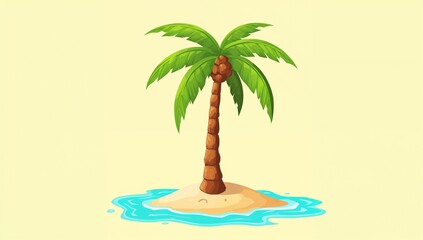 Cartoon palm tree on a small sandy island with blue water