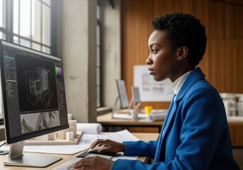 Focused black female architect designing 3D building model using CAD software