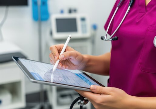 Healthcare professional documenting patient data on a tablet using a stylus.