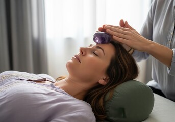Fototapeta premium Woman receiving crystal healing therapy with amethyst stone on her forehead