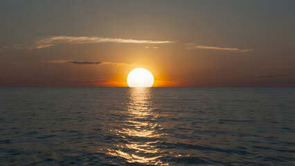 Beautiful sunset over the calm ocean with golden sun reflecting on the water