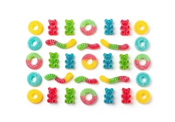 Naklejka premium Vibrant pattern of sweet gummy bears, sour worms, and sugar coated candy rings