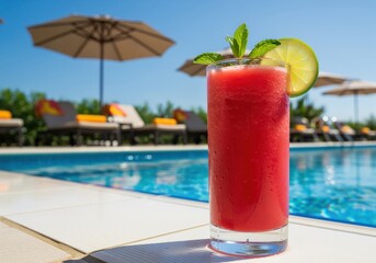 Icy red watermelon drink garnished with lime and mint beside a resort pool